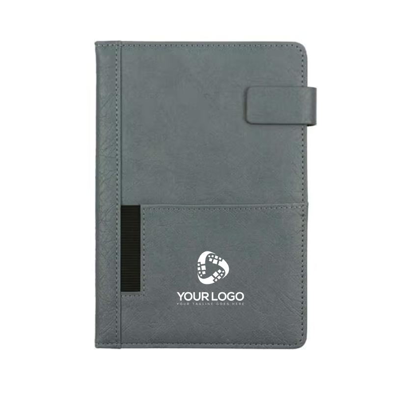 Gray - PU Notebook With Front Pocket, Magnetic Flap & Page Mark Ribbon with Logo